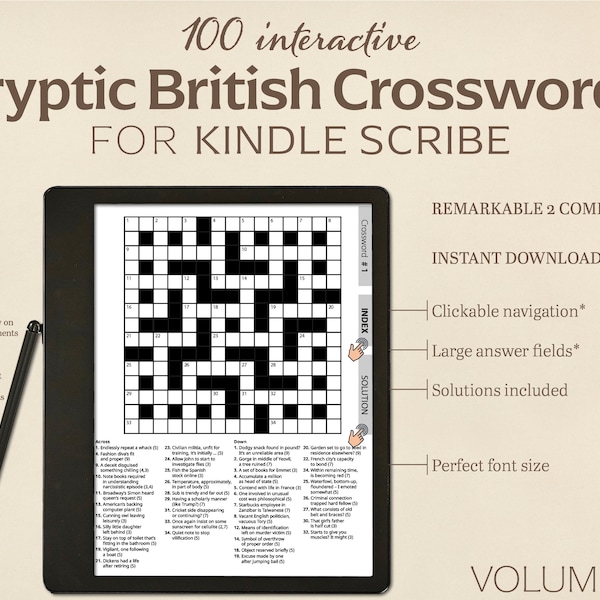 100 Cryptic British Crosswords for Kindle Scribe | Volume 1 | Interactive Puzzle | Perfect for Remarkable 2 | Hyperlinked