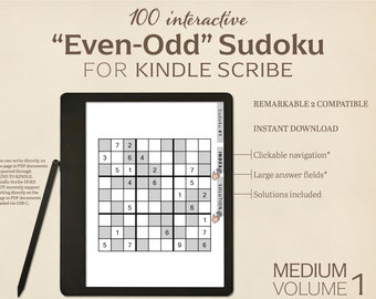 Op de afbeelding: Een digitaal tabletscherm toont een Sudoku-puzzel met de tekst "Even-Odd" Sudoku voor Kindle Scribe. De puzzel is gemarkeerd als "Sudoku #1" en maakt deel uit van een verzameling van 100 puzzels. De tekst "Medium Volume 1" is ook zichtbaar op het scherm. De tablet is compatibel met de Remarkable 2.