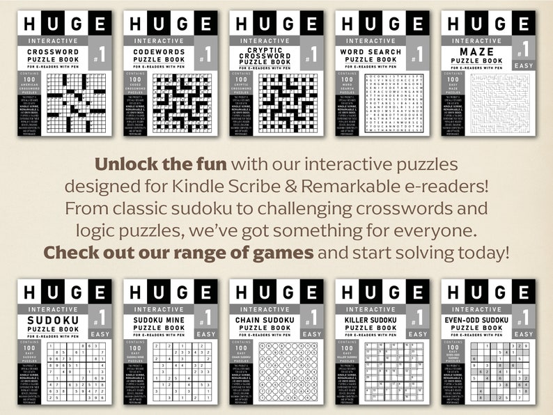 Pu&ograve; includere: Una collezione di 10 libri di puzzle interattivi per Kindle Scribe e Remarkable e-reader. I libri presentano una variet&agrave; di puzzle, tra cui cruciverba, parole in codice, labirinti, sudoku e altro ancora. Ogni libro contiene 100 puzzle ed &egrave; etichettato come "Facile".