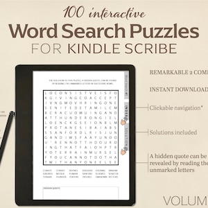 100 Word Search Puzzles for Kindle Scribe | Volume 1 | Interactive Puzzle | Clickable PDF| Digital Download for e-reader tablet