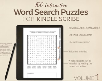 100 Word Search Puzzles for Kindle Scribe | Volume 1 | Interactive Puzzle | Clickable PDF| Digital Download for e-reader tablet