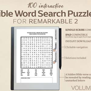 Può includere: Un puzzle di parole crociate in bianco e nero sullo schermo di un tablet digitale. Il puzzle è intitolato "Bible Word Search" ed è per il tablet Remarkable 2. Sono visibili anche i testi "100 interactive" e "Volume 1".