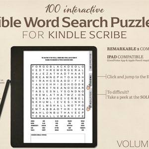 Pu&ograve; includere: Primo piano di uno schermo di tablet che mostra un puzzle di ricerca di parole bibliche. Il puzzle &egrave; intitolato "Ricerca di parole n. 1" e presenta una griglia di lettere con parole nascoste al suo interno. Il testo "FORGOBLACKDSOLO" &egrave; visibile nella parte superiore della griglia. Il tablet &egrave; nero e ha uno stilo appoggiato sullo schermo. Il testo "100 puzzle di ricerca di parole bibliche interattivi per Kindle Scribe" &egrave; visibile nella parte superiore dell'immagine. Il testo "REMARKABLE 2 COMPATIBLE" e "IPAD COMPATIBLE" &egrave; visibile nella parte superiore destra dell'immagine. Il testo "VOLUME 1" &egrave; visibile nella parte inferiore destra dell'immagine.