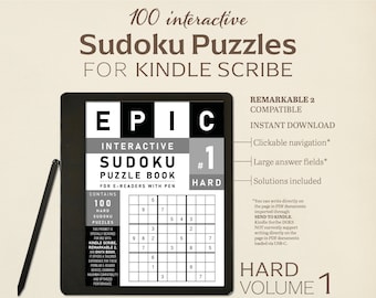 Op de afbeelding: Een zwarte en grijze e-reader met een stylus, die een digitaal Sudoku-puzzelboek weergeeft. Het boek is getiteld "EPIC Interactive Sudoku Puzzle Book" en bevat 100 moeilijke Sudoku-puzzels. De e-reader is compatibel met de Remarkable 2.