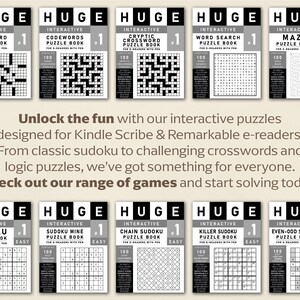 May include: A collection of 10 interactive puzzle books for Kindle Scribe and Remarkable e-readers. The books feature a variety of puzzles, including crosswords, codewords, mazes, sudoku, and more. Each book contains 100 puzzles and is labeled "Easy".