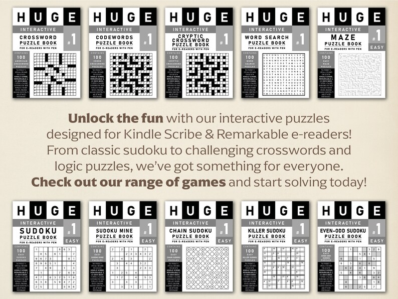 May include: A collection of 10 interactive puzzle books for Kindle Scribe and Remarkable e-readers. The books feature a variety of puzzles, including crosswords, codewords, mazes, sudoku, and more. Each book contains 100 puzzles and is labeled "Easy".