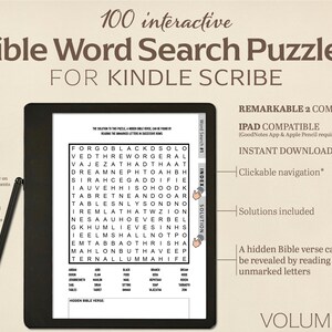 Pu&ograve; includere: Lo schermo di un tablet digitale mostra un cruciverba biblico con il testo "100 cruciverba biblici interattivi per Kindle Scribe" in alto. Il cruciverba &egrave; su uno sfondo bianco con testo nero. Il testo "REMARKABLE 2 COMPATIBLE" &egrave; nell'angolo in alto a destra dello schermo. Il testo "IPAD COMPATIBLE (GoodNotes App & Apple Pencil required)" &egrave; sotto il testo "REMARKABLE 2 COMPATIBLE". Il testo "INSTANT DOWNLOAD" &egrave; sotto il testo "IPAD COMPATIBLE". Il testo "Clickable navigation*" &egrave; sotto il testo "INSTANT DOWNLOAD". Il testo "Solutions included" &egrave; sotto il testo "Clickable navigation*". Il testo "A hidden Bible verse can be revealed by reading the unmarked letters" &egrave; sotto il testo "Solutions included". Il testo "VOLUME 1" &egrave; nell'angolo in basso a destra dello schermo.