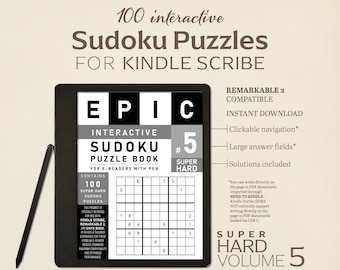 Op de afbeelding: Een zwarte en grijze e-reader met een stylus, die een Sudoku-puzzelboek met 100 super moeilijke puzzels weergeeft. Het boek is compatibel met Kindle Scribe en Remarkable 2 e-readers. De titel van het boek is "EPIC Interactive Sudoku Puzzle Book #5 Super Hard Volume 5".