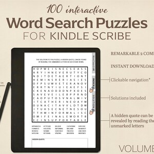 Può includere: Un'immagine in bianco e nero di uno schermo di tablet che mostra un cruciverba. Il cruciverba è intitolato "Word Search #1" e presenta una citazione nascosta che può essere rivelata leggendo le lettere non contrassegnate. Il testo "REMARKABLE 2 COMPATIBLE" e "INSTANT DOWNLOAD" è visualizzato sullo schermo. Il testo "VOLUME 3" è visualizzato nella parte inferiore dello schermo.