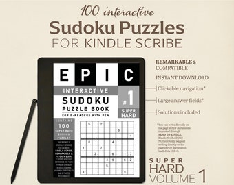 Op de afbeelding: Een zwarte en grijze e-reader met een stylus, die een Sudoku-puzzelboek weergeeft. De omslag van het boek bevat de tekst "EPIC Interactive Sudoku Puzzle Book" en "#1 Super Hard". De e-reader is compatibel met Remarkable 2 en bevat 100 super moeilijke Sudoku-puzzels.