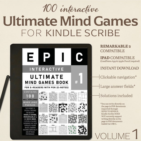 100 Ultimate Mind Games for Kindle Scribe | Volume 1 | Interactive Puzzles | Perfect for Remarkable 2 | With Hyperlinks