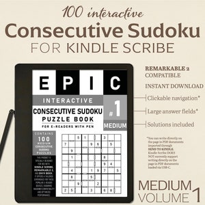 100  Consecutive Sudoku Puzzles for Kindle Scribe | Medium | Volume 1 | Interactive Puzzle | Perfect for Remarkable 2 | With Hyperlinks
