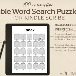 Pu&ograve; includere: Un'immagine in bianco e nero di un e-reader Kindle Scribe che mostra una pagina con una griglia di 100 cruciverba biblici. Il testo "Index" &egrave; in cima alla pagina. Il testo "100 cruciverba biblici interattivi per Kindle Scribe" &egrave; in cima all'immagine. Il testo "REMARKABLE 2 COMPATIBLE" e "IPAD COMPATIBLE (GoodNotes App & Apple Pencil required)" &egrave; sul lato destro dell'immagine. Il testo "VOLUME 1" &egrave; in fondo all'immagine.