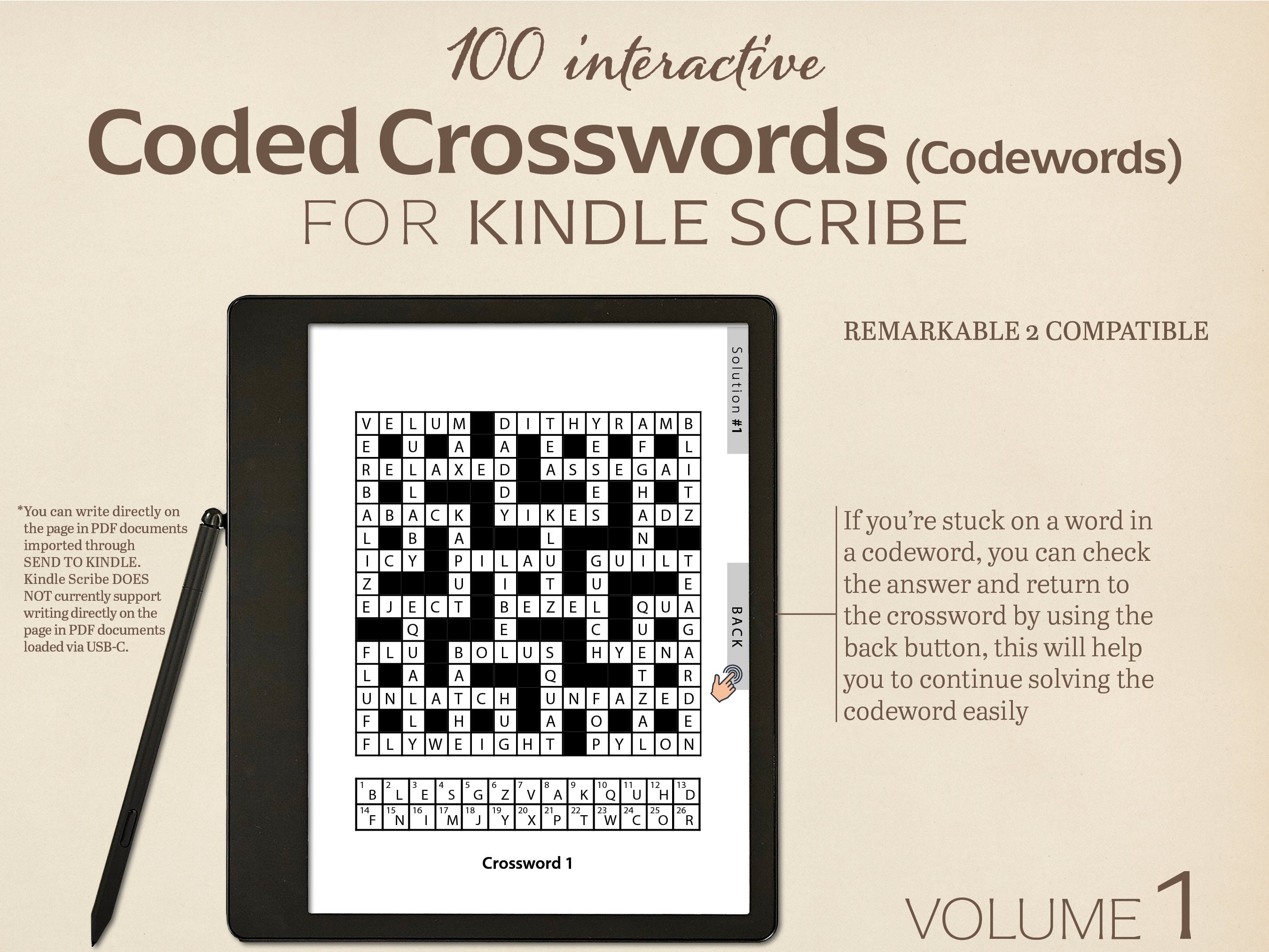 100 Coded Crosswords Codewords for Kindle Scribe Volume 1 Interactive 100 Coded Crosswords Codewords for Kindle Scribe Volume 1 Interactive