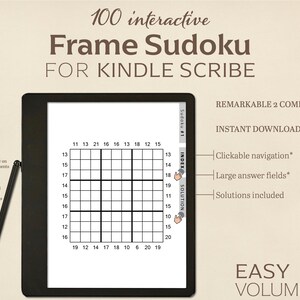 Può includere: Un'immagine in bianco e nero di un tablet digitale che mostra un puzzle di Sudoku. Il puzzle è etichettato come "Sudoku #1" e fa parte di un set di 100 puzzle interattivi di Frame Sudoku per Kindle Scribe. L'immagine include anche il testo "REMARKABLE 2 COMPATIBILE", "DOWNLOAD IMMEDIATO", "Navigazione cliccabile", "Ampi campi di risposta", "Soluzioni incluse", "FACILE", e "VOLUME 1".