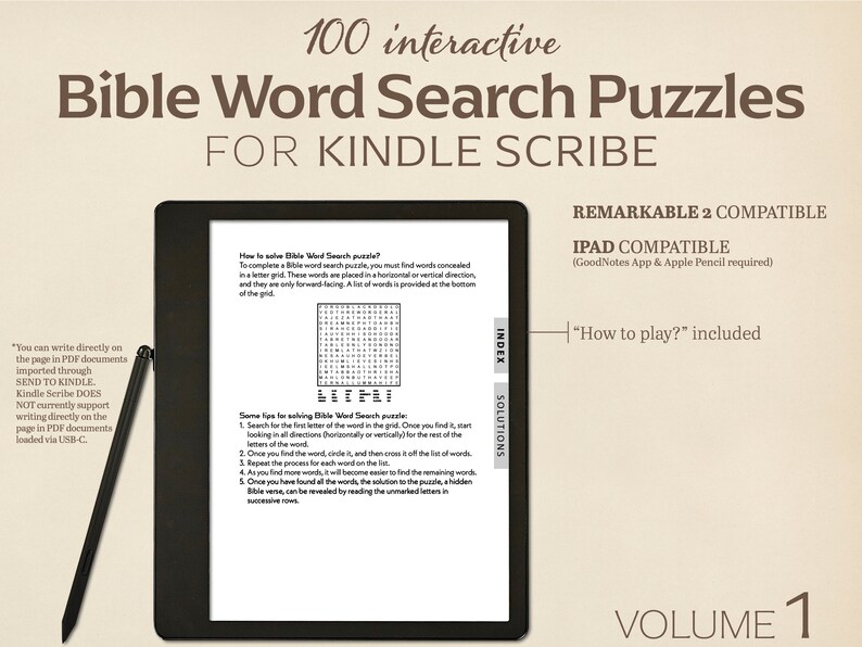 Pu&ograve; includere: Primo piano di un Kindle Scribe che mostra un cruciverba di parole della Bibbia. Lo schermo mostra una griglia di lettere con istruzioni su come giocare al gioco. Il testo "100 cruciverba interattivi della Bibbia per Kindle Scribe" &egrave; visualizzato nella parte superiore dell'immagine. Il testo "REMARKABLE 2 COMPATIBLE" e "IPAD COMPATIBLE" &egrave; visualizzato nella parte superiore destra dell'immagine. Il testo "VOLUME 1" &egrave; visualizzato nella parte inferiore destra dell'immagine.