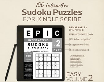 Op de afbeelding: Een zwarte en grijze e-reader met een stylus, die een Sudoku-puzzelboek met 100 gemakkelijke puzzels weergeeft. Het boek is compatibel met Kindle Scribe en Remarkable 2 e-readers. De titel van het boek is "Interactive Sudoku Puzzle Book" en het bevat klikbare navigatie, grote antwoordvelden en oplossingen.