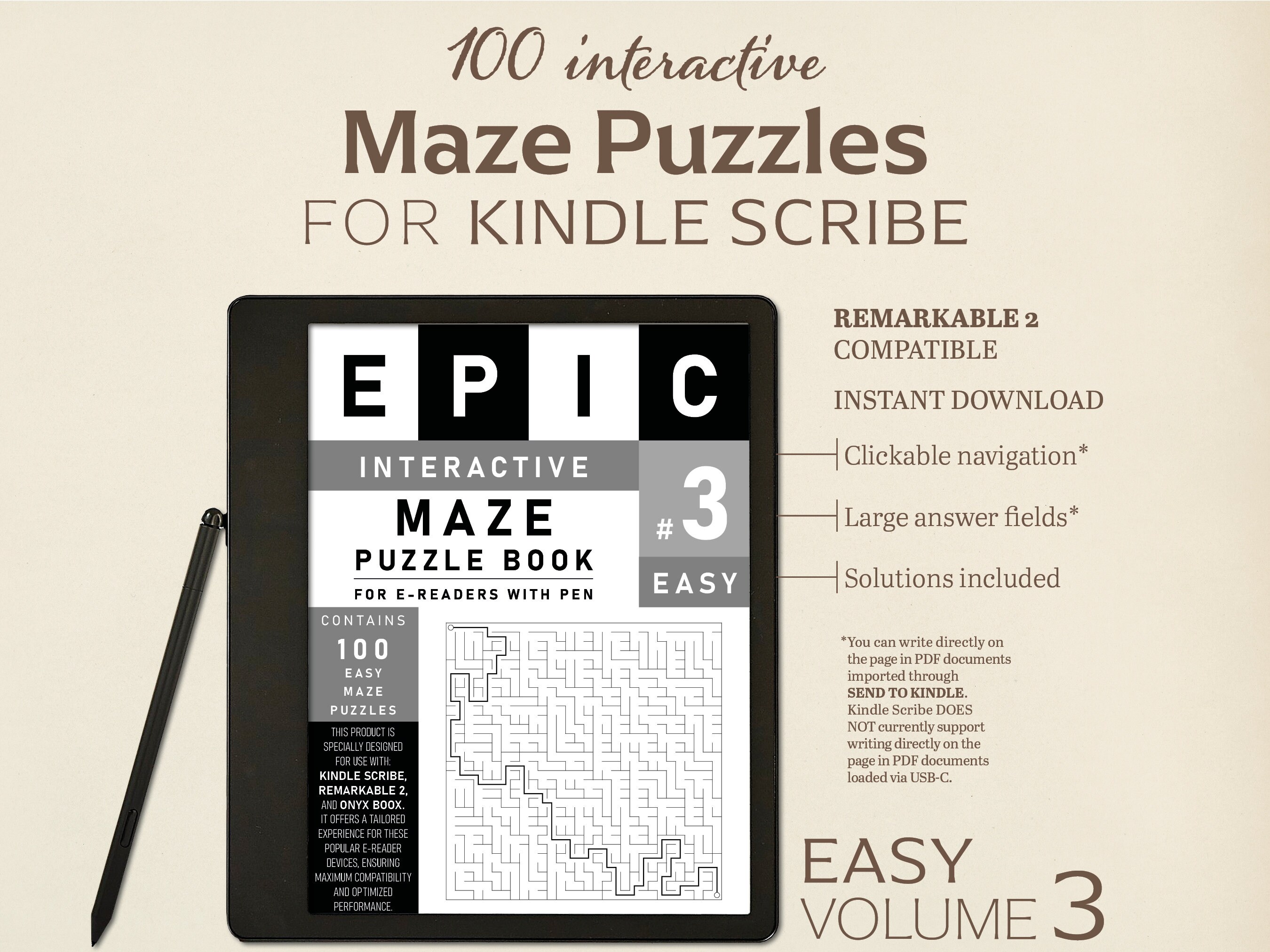 100 Easy Maze Puzzles for Kindle Scribe \u0026 Remarkable 2 (interactive PDF) -  Etsy, image size:2700x2025
