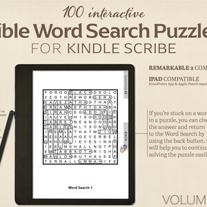 Pu&ograve; includere: Un'immagine in bianco e nero di un e-reader Kindle Scribe che mostra un cruciverba biblico. Il testo "100 cruciverba biblici interattivi per Kindle Scribe" &egrave; in alto nell'immagine. Il testo "REMARKABLE 2 COMPATIBLE" e "IPAD COMPATIBLE (GoodNotes App & Apple Pencil required)" &egrave; in alto a destra nell'immagine. Il testo "VOLUME 1" &egrave; in basso a destra nell'immagine.