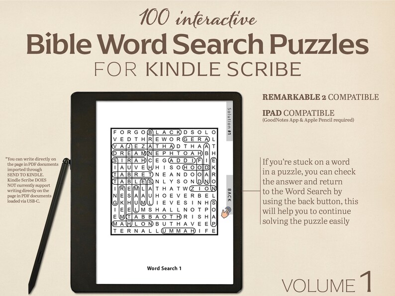 Pu&ograve; includere: Un'immagine in bianco e nero di un e-reader Kindle Scribe che mostra un cruciverba biblico. Il testo "100 cruciverba biblici interattivi per Kindle Scribe" &egrave; in alto nell'immagine. Il testo "REMARKABLE 2 COMPATIBLE" e "IPAD COMPATIBLE (GoodNotes App & Apple Pencil required)" &egrave; in alto a destra nell'immagine. Il testo "VOLUME 1" &egrave; in basso a destra nell'immagine.