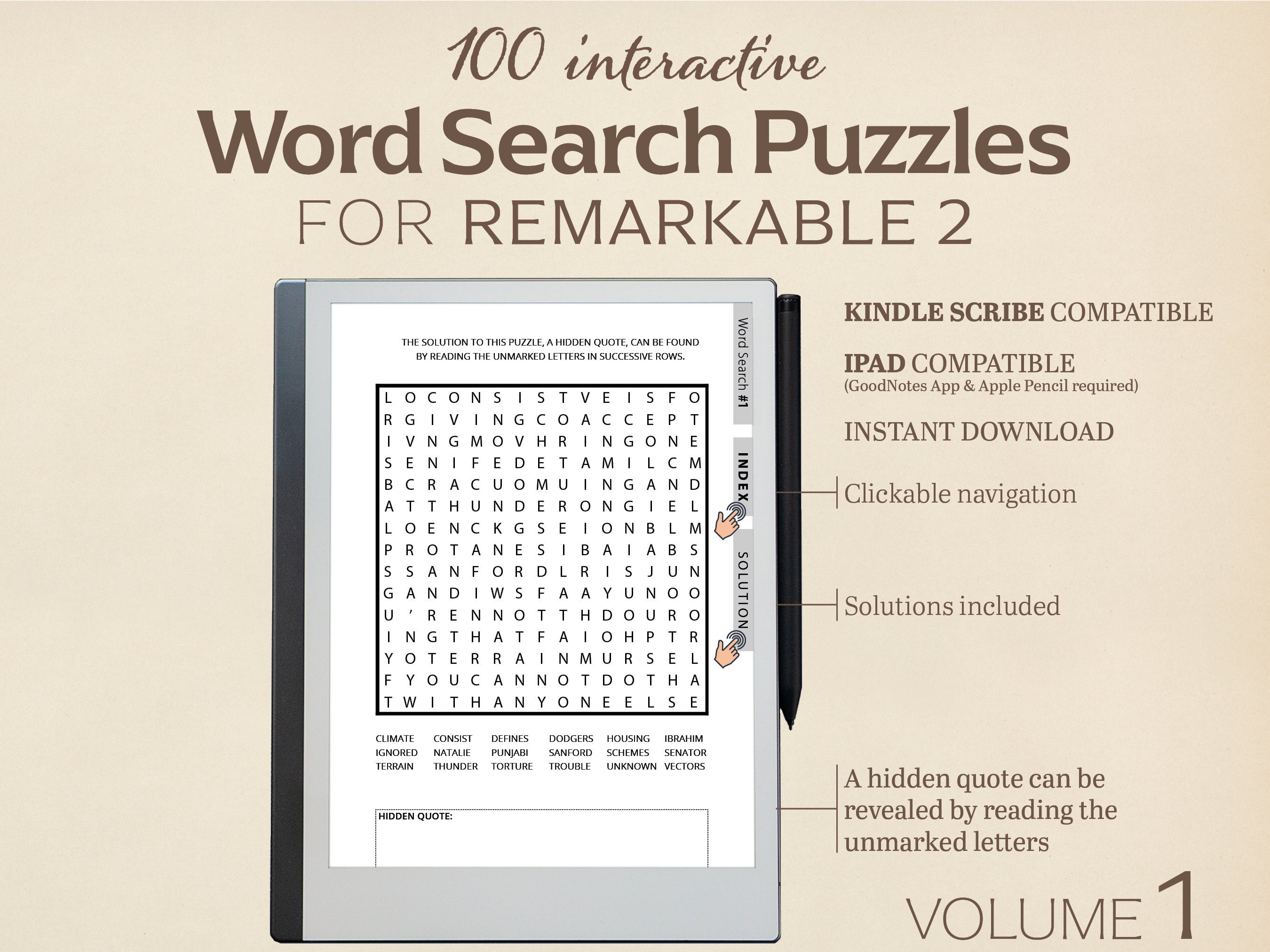 100 Word Search Puzzles for Remarkable 2 | Volume 1 | Interactive Puzzle | Clickable PDF| Digital Download for e-reader tablet