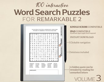100 Word Search Puzzles for Remarkable 2 | Volume 3 | Interactive Puzzle | Clickable PDF| Digital Download for e-reader tablet