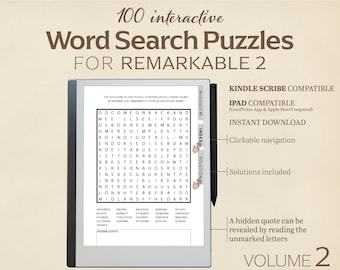 100 Word Search Puzzles for Remarkable 2 | Volume 2 | Interactive Puzzle | Clickable PDF| Digital Download for e-reader tablet