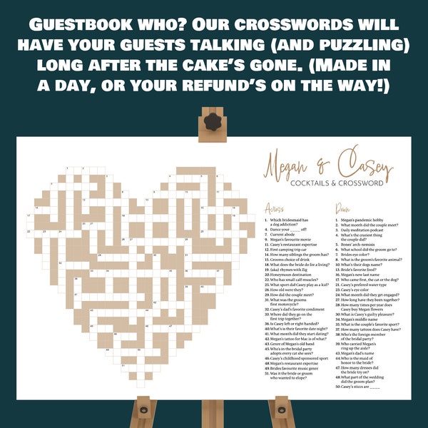 Custom Wedding Crossword Giant Sip and Solve Extra Large Crossword Reception Game in Beautiful Earth Tones.