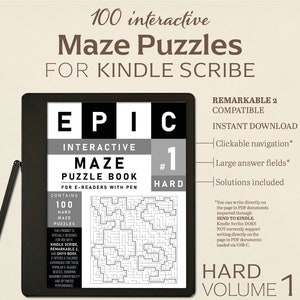 Op de afbeelding: Een zwarte en grijze e-reader met een stylus, die een digitaal labyrint-puzzelboek weergeeft. Het boek heeft de titel "EPIC Interactive Maze Puzzle Book" en bevat 100 moeilijke labyrintpuzzels. Het is compatibel met Kindle Scribe en Remarkable 2 e-readers.