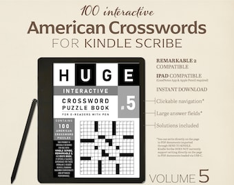 Può includere: Un e-reader nero e grigio con uno stilo, che mostra un libro di cruciverba. Il libro è intitolato "HUGE Interactive Crossword Puzzle Book" e presenta 100 cruciverba americani. È compatibile con Kindle Scribe, Remarkable 2 e iPad. Il libro include navigazione cliccabile, ampi campi di risposta e soluzioni.