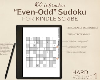 May include: A digital tablet displaying an "Even-Odd" Sudoku puzzle, designed for Kindle Scribe. The screen shows a partially completed puzzle with numbers and shaded squares. A stylus rests on the side. Text includes "Hard Volume 1".