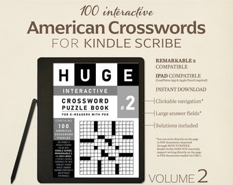 Può includere: Un e-reader nero e grigio con uno stilo, che mostra un libro di cruciverba. Il libro è intitolato "HUGE Interactive Crossword Puzzle Book" e presenta 100 cruciverba americani. L'e-reader è compatibile con Kindle Scribe, Remarkable 2 e iPad. Il libro include navigazione cliccabile, ampi campi di risposta e soluzioni.