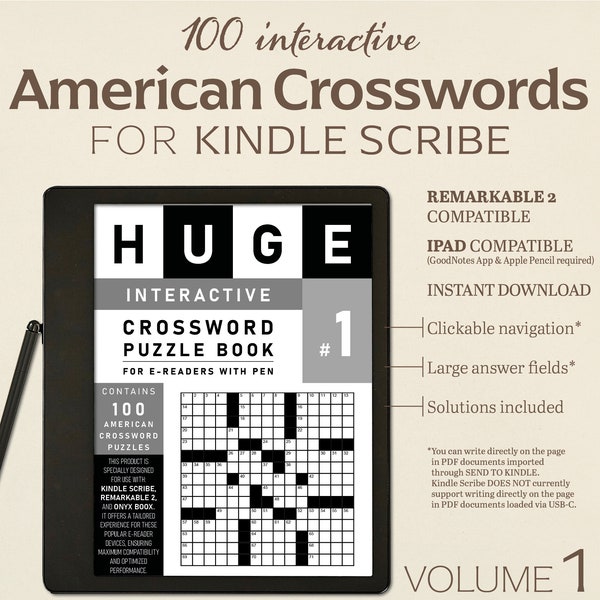 100 American Crosswords for Kindle Scribe  | Volume 1 | Interactive Puzzle | Tailored to Remarkable 2 and Ipad | Hyperlinked