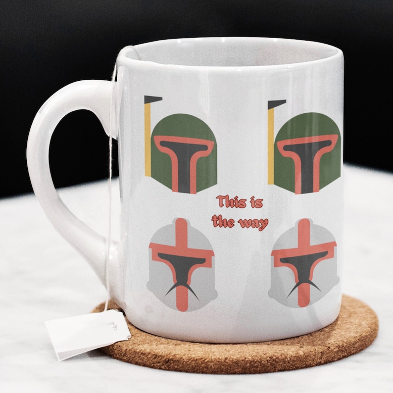 Diseño de casco mandaloriano: taza mandaloriana de esta manera, taza de café de Star wars, taza de casco Bobba Fett, taza grogu, taza de té baby yoda. imagen 3