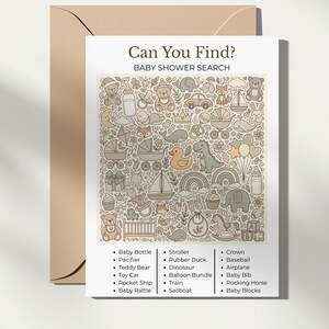 May include: A baby shower search game card with a beige envelope. The card features a pattern of baby-themed illustrations in beige, tan, and light green. Text at the top reads "Can You Find? BABY SHOWER SEARCH". A list of items is printed at the bottom.