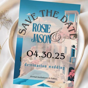 Save the Date Greece Theme | Mediterranean Wedding Announcement | Santorini Blue & White Invitation | Digital