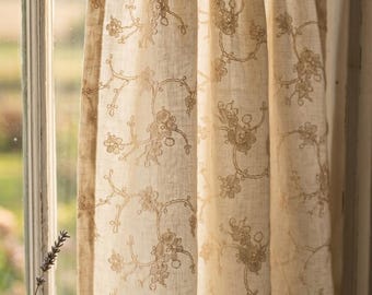 Handmade Cream Embroidered Linen Look Cafe Curtain | Farmhouse Kitchen Curtain | Custom Size Single Panel