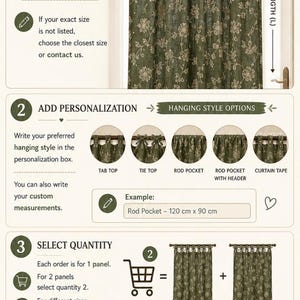 May include: An instructional infographic for Amesia Heri linen embroidered curtains. It details ordering steps including choosing size, selecting hanging styles like tie top or rod pocket, and quantity. The text explains that each panel is sold separately.