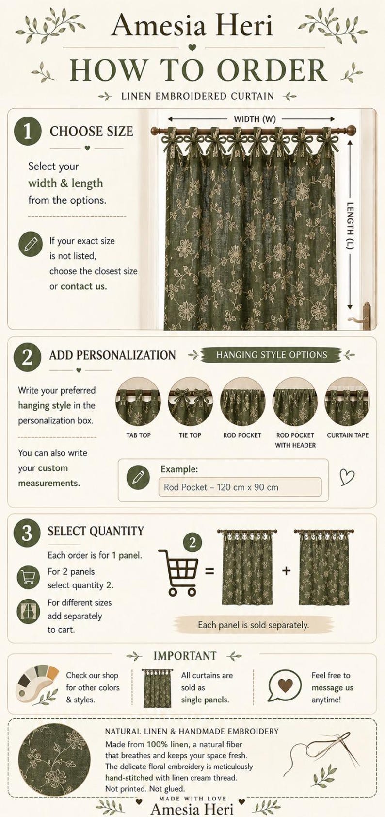 May include: An instructional infographic for Amesia Heri linen embroidered curtains. It details ordering steps including choosing size, selecting hanging styles like tie top or rod pocket, and quantity. The text explains that each panel is sold separately.
