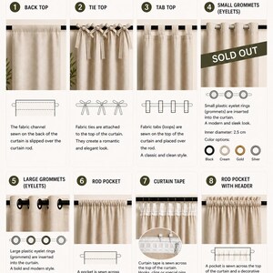May include: An informational chart titled AMESIA HERI HANGING OPTIONS displaying eight curtain suspension styles: back top, tie top, tab top, small grommets, large grommets, rod pocket, curtain tape, and rod pocket with header, including diagrams and descriptions.