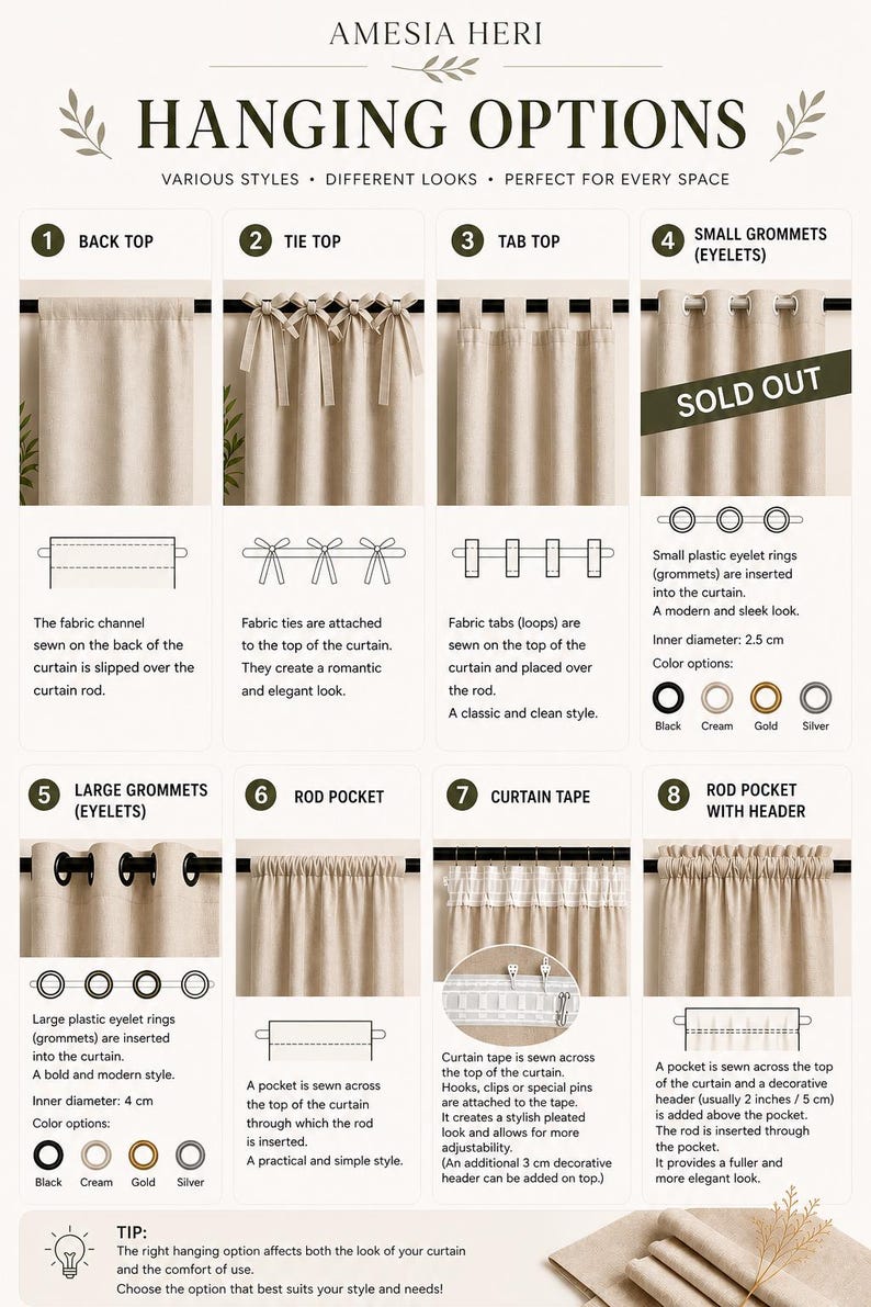 May include: An informational chart titled AMESIA HERI HANGING OPTIONS displaying eight curtain suspension styles: back top, tie top, tab top, small grommets, large grommets, rod pocket, curtain tape, and rod pocket with header, including diagrams and descriptions.