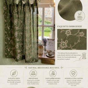May include: An olive green linen curtain featuring a tie-top design and cream-colored floral embroidery. The fabric is 100% linen with a visible weave. The curtain is displayed hanging from a rod, showcasing the delicate stitched floral patterns.