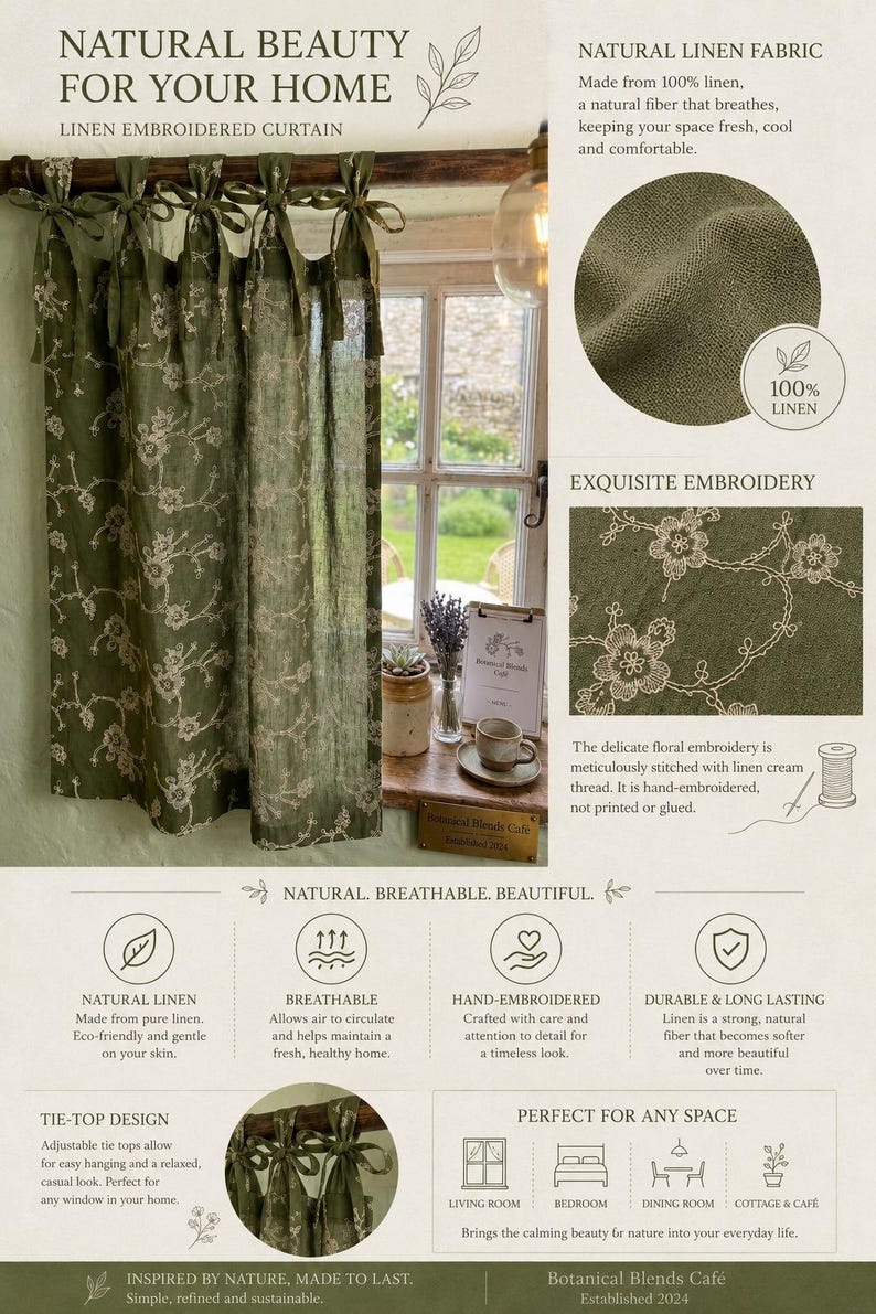 May include: An olive green linen curtain featuring a tie-top design and cream-colored floral embroidery. The fabric is 100% linen with a visible weave. The curtain is displayed hanging from a rod, showcasing the delicate stitched floral patterns.