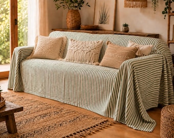 Copridivano a righe in cotone, copridivano boho, copridivano su misura, protezione per divano adatta agli animali domestici, copridivano stile rustico, 9 colori