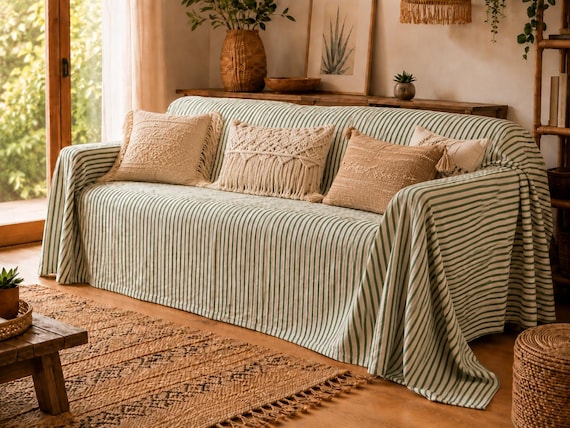 Striped Cotton Sofa Cover, Boho Couch Cover Throw, Custom Size Sofa Slipcover, Pet Friendly Couch Protector, Farmhouse Sofa Throw, 9 Colors