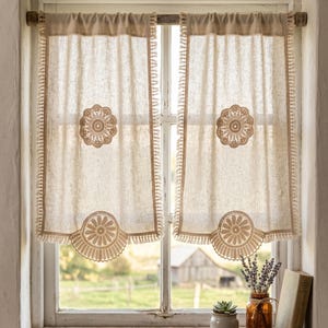Handmade Crochet Lace Cafe Curtain | Linen Cotton Farmhouse Window Treatment