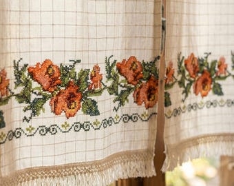 Handmade Orange Floral Embroidered Cotton Cafe Curtain | Farmhouse Kitchen Window Valance