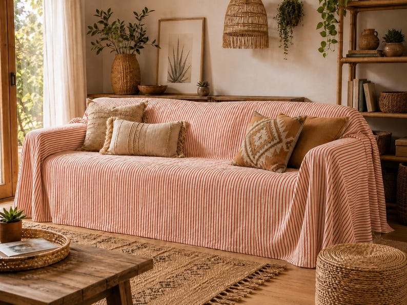 K&ouml;nnte beinhalten: Ein Sofa, das mit einem hellen Stoff mit d&uuml;nnen, vertikalen orangefarbenen Streifen bezogen ist. Das Sofa ist mit vier rechteckigen und quadratischen Zierkissen in verschiedenen Beige-, Braun- und Ockert&ouml;nen mit unterschiedlichen Texturen dekoriert.