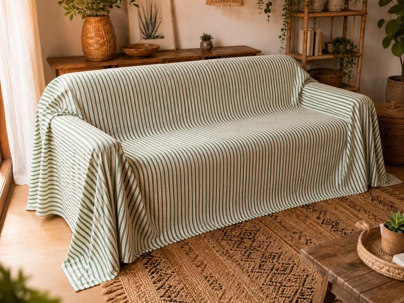 K&ouml;nnte beinhalten: Ein Sofa, das mit einer Stoffdecke mit vertikalen Streifen in Salbeigr&uuml;n und Cremewei&szlig; bedeckt ist. Das Textil liegt &uuml;ber der R&uuml;ckenlehne, der Sitzfl&auml;che und den Armlehnen des Sofas und bietet eine vollst&auml;ndige Abdeckung mit durchgehendem Streifenmuster.