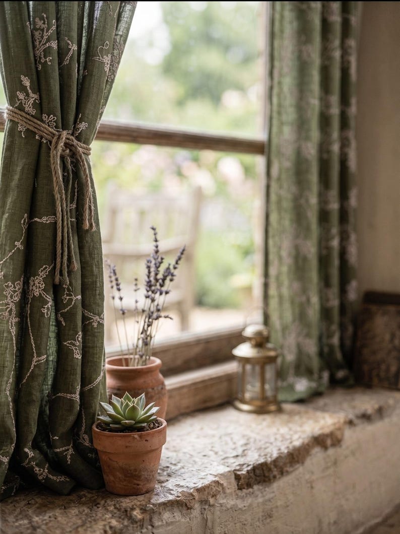 May include: Olive green curtains featuring a delicate white floral embroidery pattern, held back by a simple jute rope tie. The fabric is semi-sheer and hangs in soft folds, framing a window view that includes a small succulent in a terracotta pot.